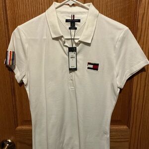 Tommy Hilfiger White Polo with Flag Patch and Rainbow Sleeve Detail